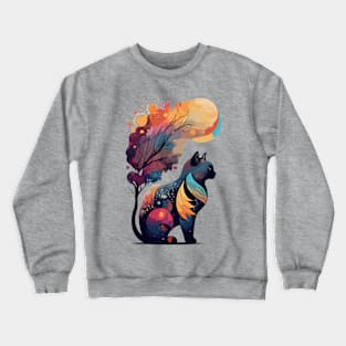 Abstract Spiritual Cat And Tree Watercolor Design Crewneck Sweatshirt